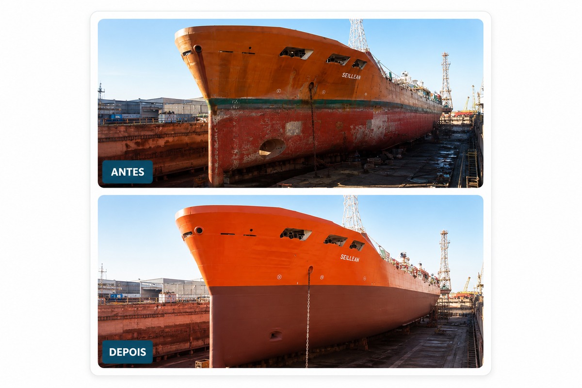 Hidrojateamento UHP até 40.000 PSI — casco de embarcação antes e depois